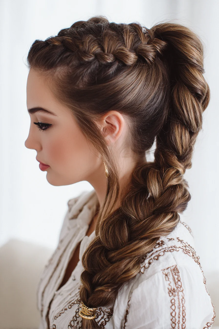 Dutch Crown Braid into Voluminous Pancaked Ponytail