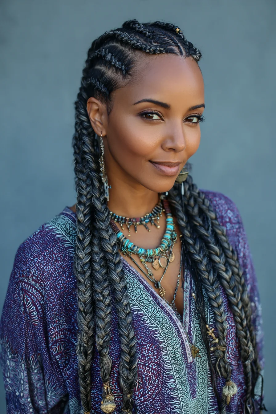 Feed‑In Box Braids with Cornrowed Parting — Long Protective Braids