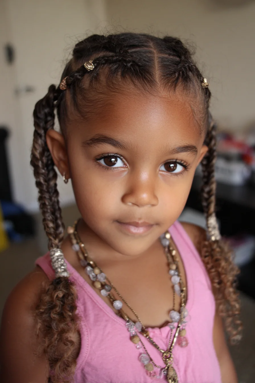 Feed‑in Cornrows into Two Braids with Curly Ends — Natural/Curly Hair