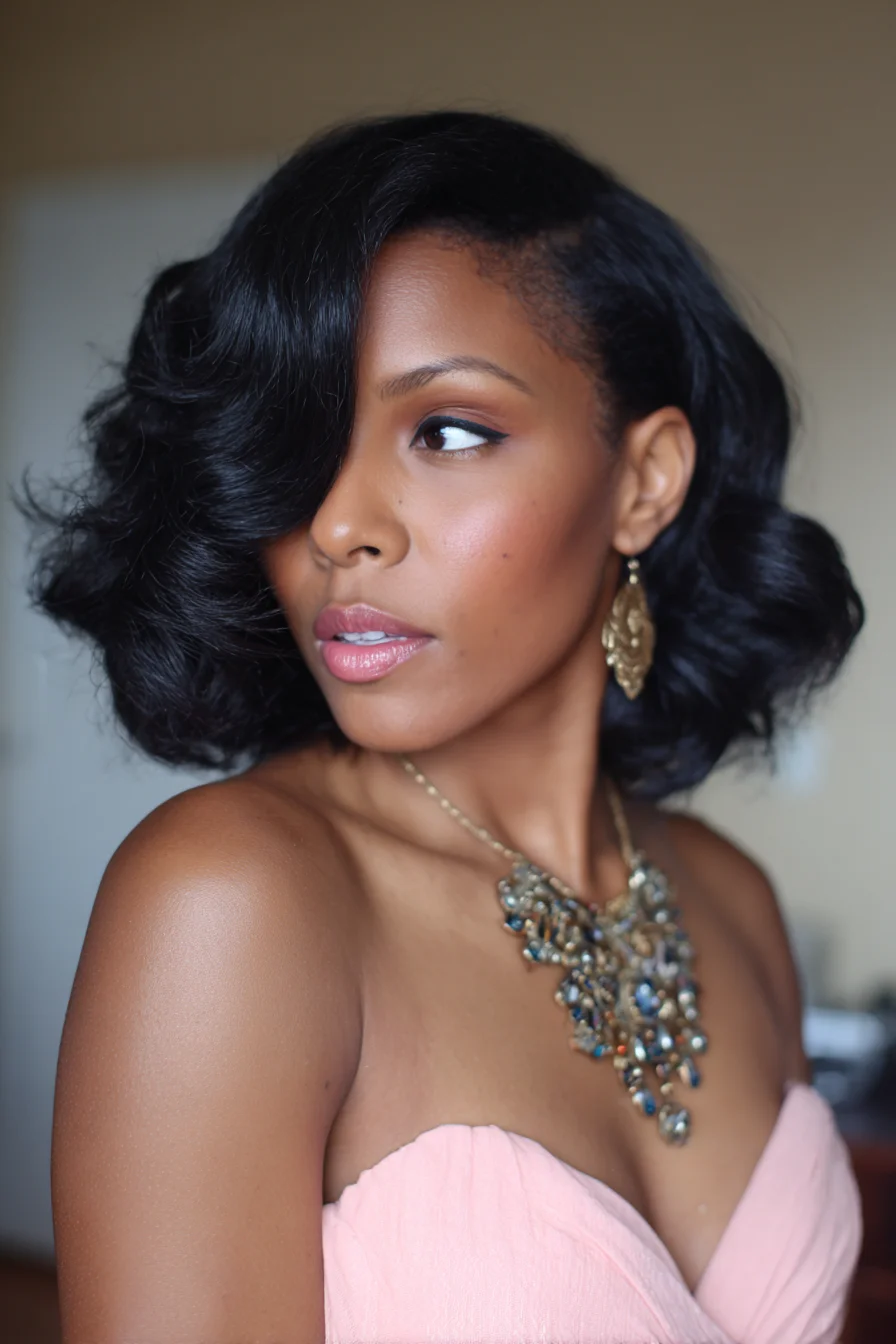 Glossy Side-Parted Retro Waves — Medium-Length Voluminous Bob