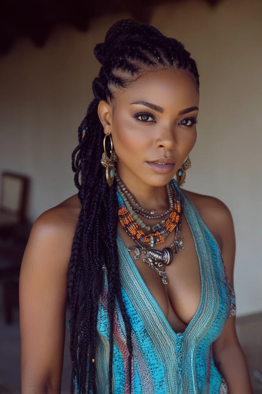Half-Up Cornrow Crown with Long Box Braids (Knotless Side-Swept)