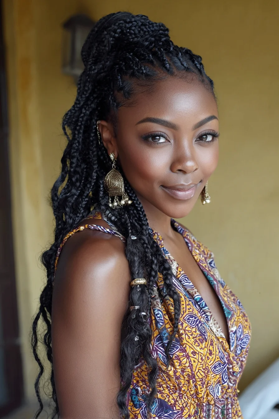 Half-Up Long Box Braids with Textured Ends and Hair Jewelry