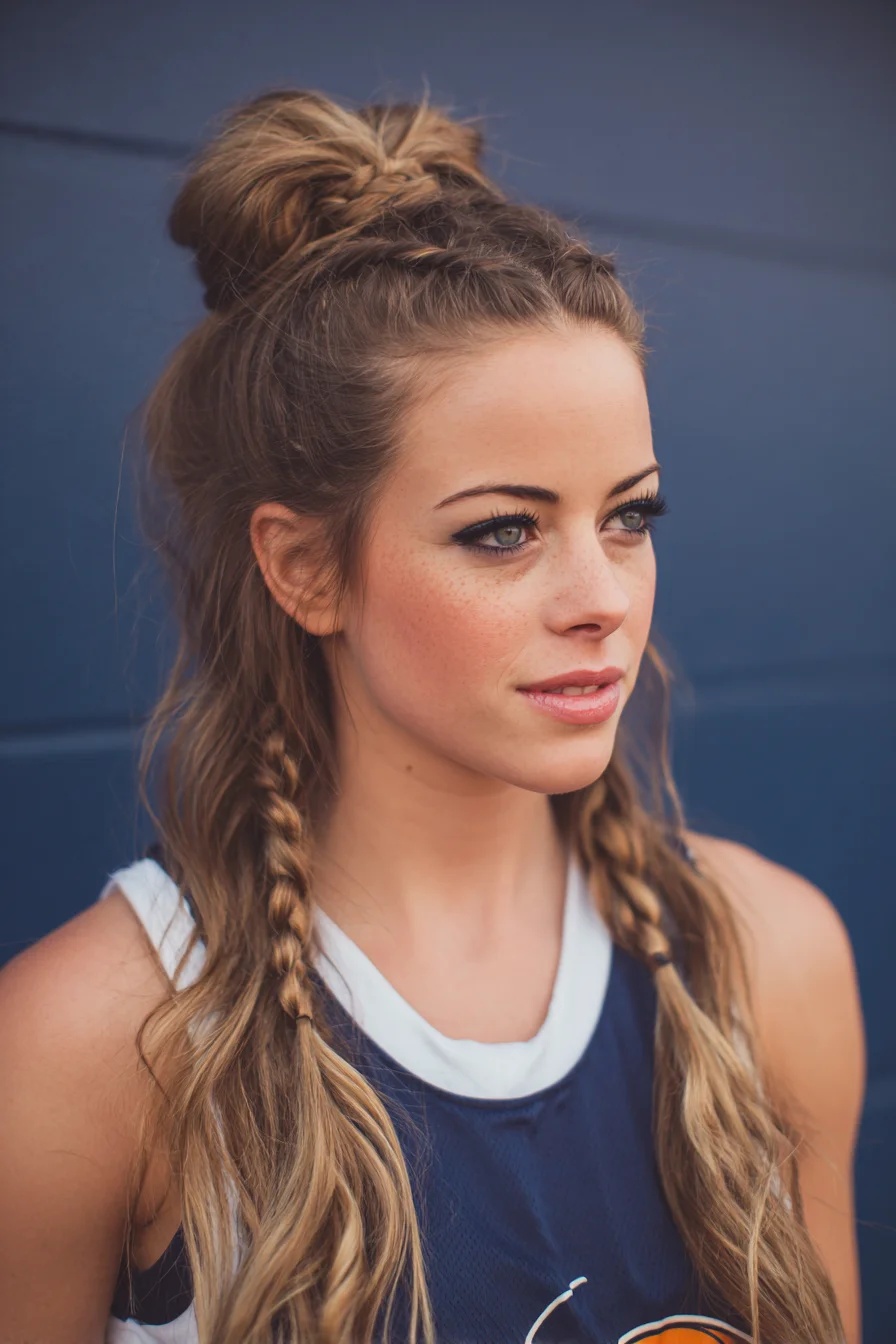 Half-Up Messy Topknot with Mini Front Braids and Loose Side Braids