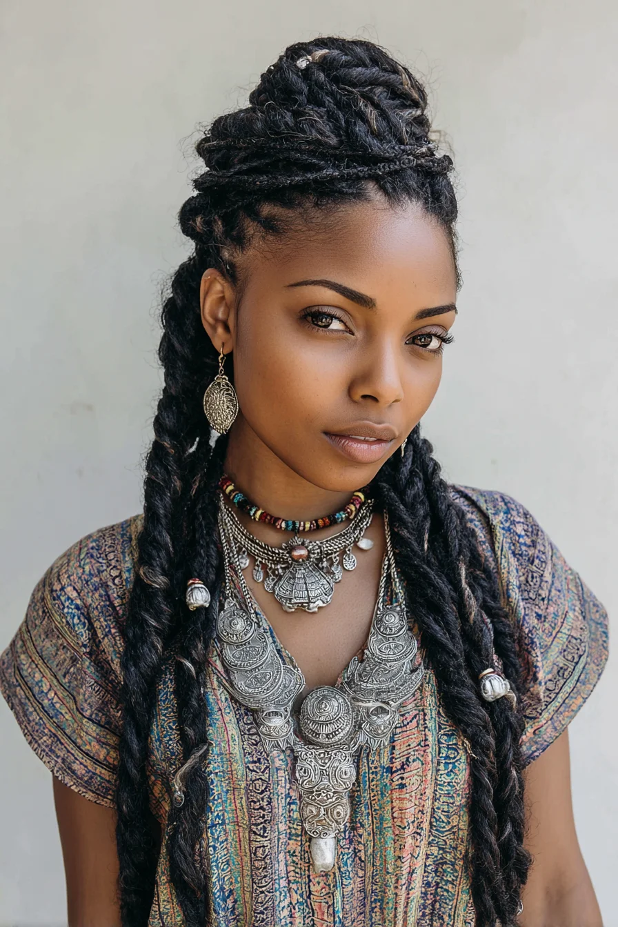 Half-Up Two-Strand Rope Twists with Top Knot and Decorative Beads