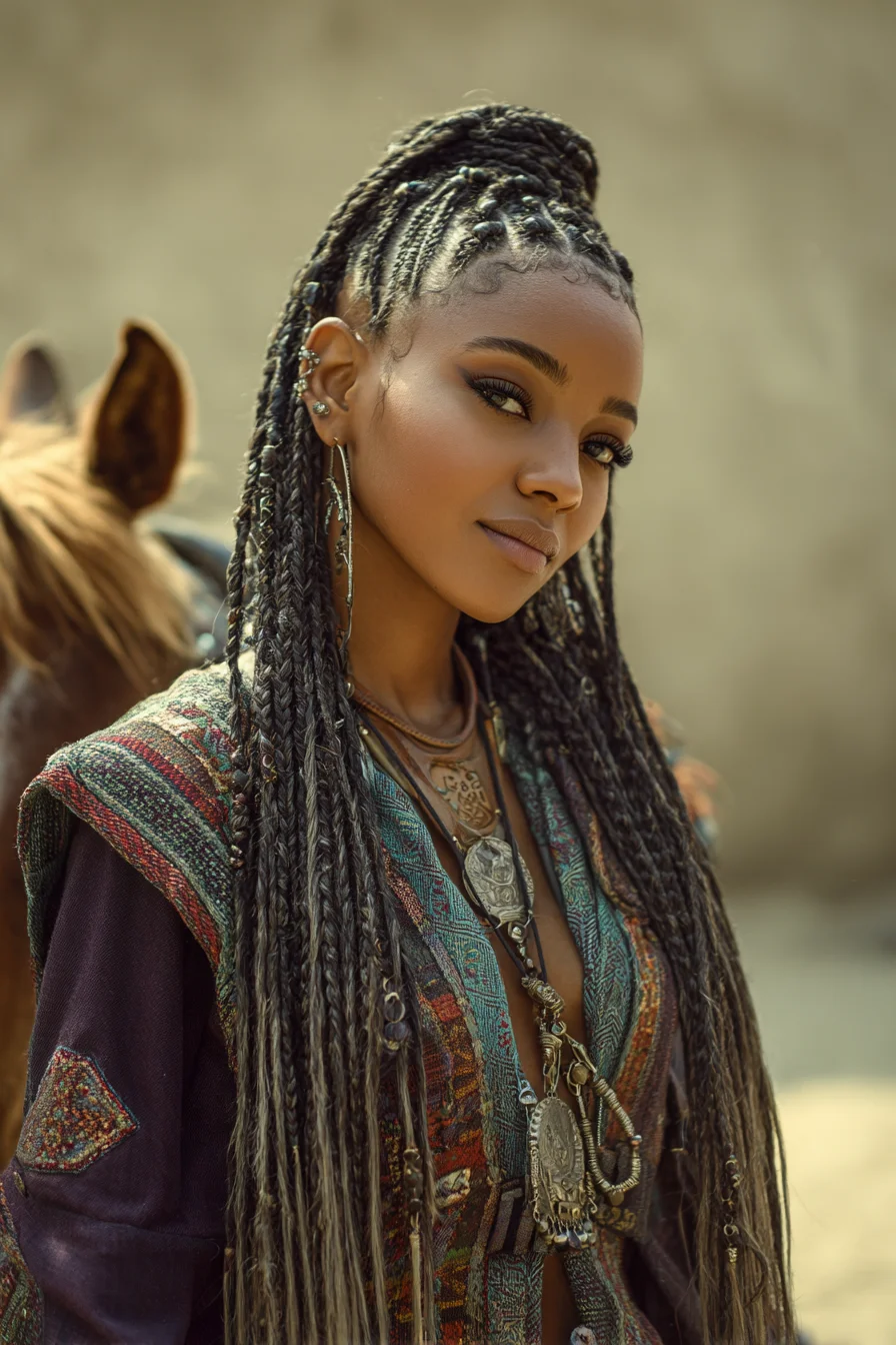 High Half-Up Feed-In Cornrows with Long Box Braids