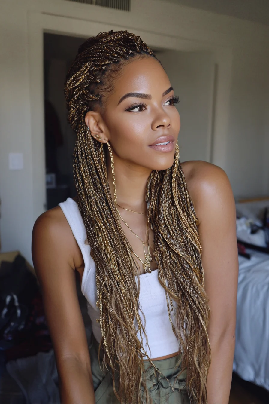 Knotless Honey-Blonde Micro Box Braids — Long Half-Up Style