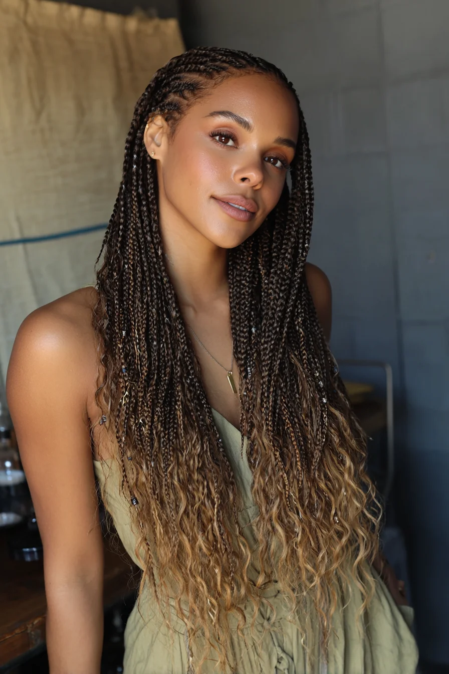 Knotless Micro Box Braids with Beachy Ombre Curly Ends
