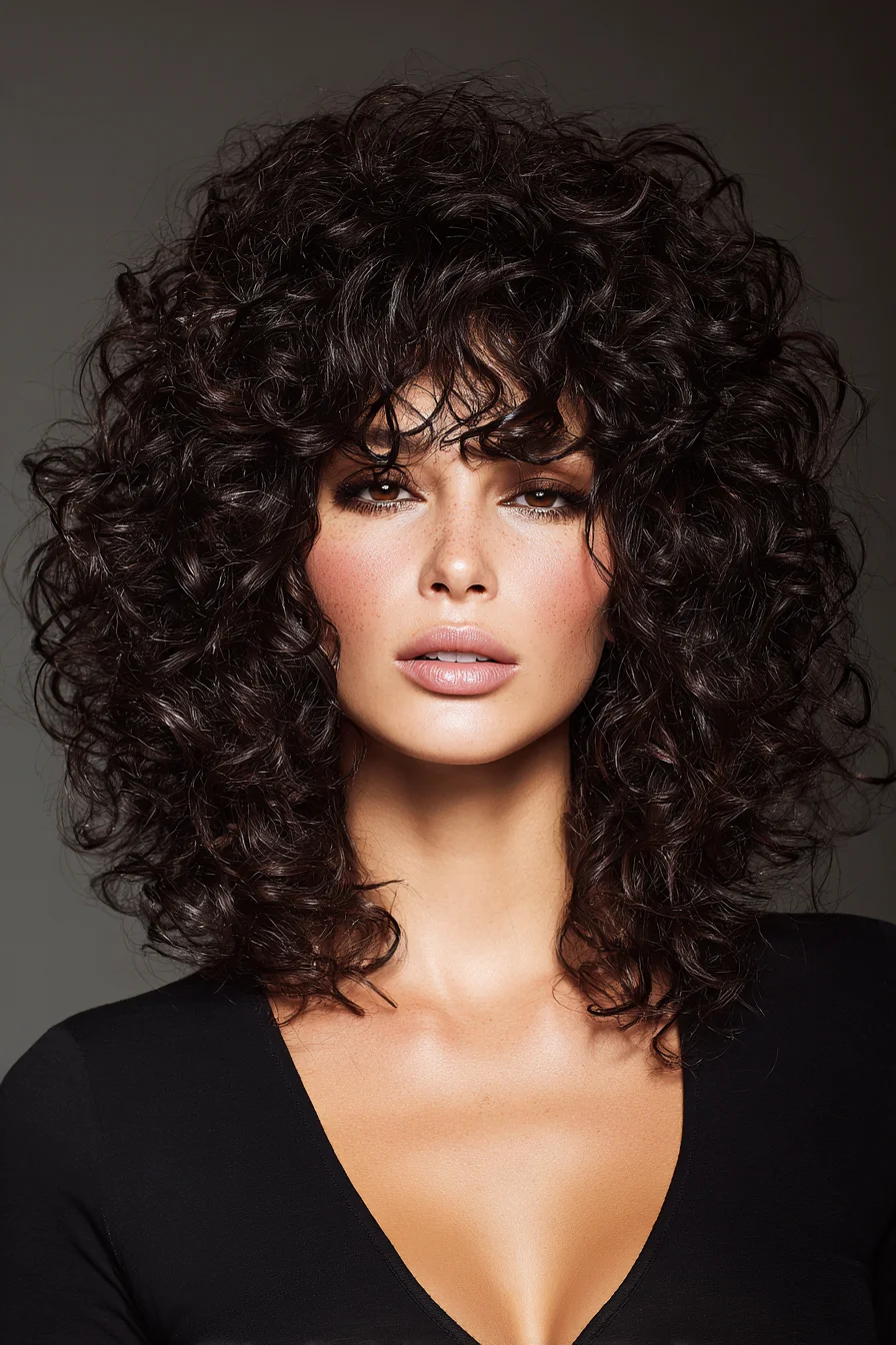 Layered Voluminous Curly Shag with Soft Curtain Bangs