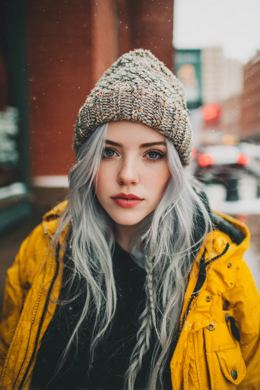 Long Ash-Silver Hair with Soft Waves and Face‑Framing Micro Braids