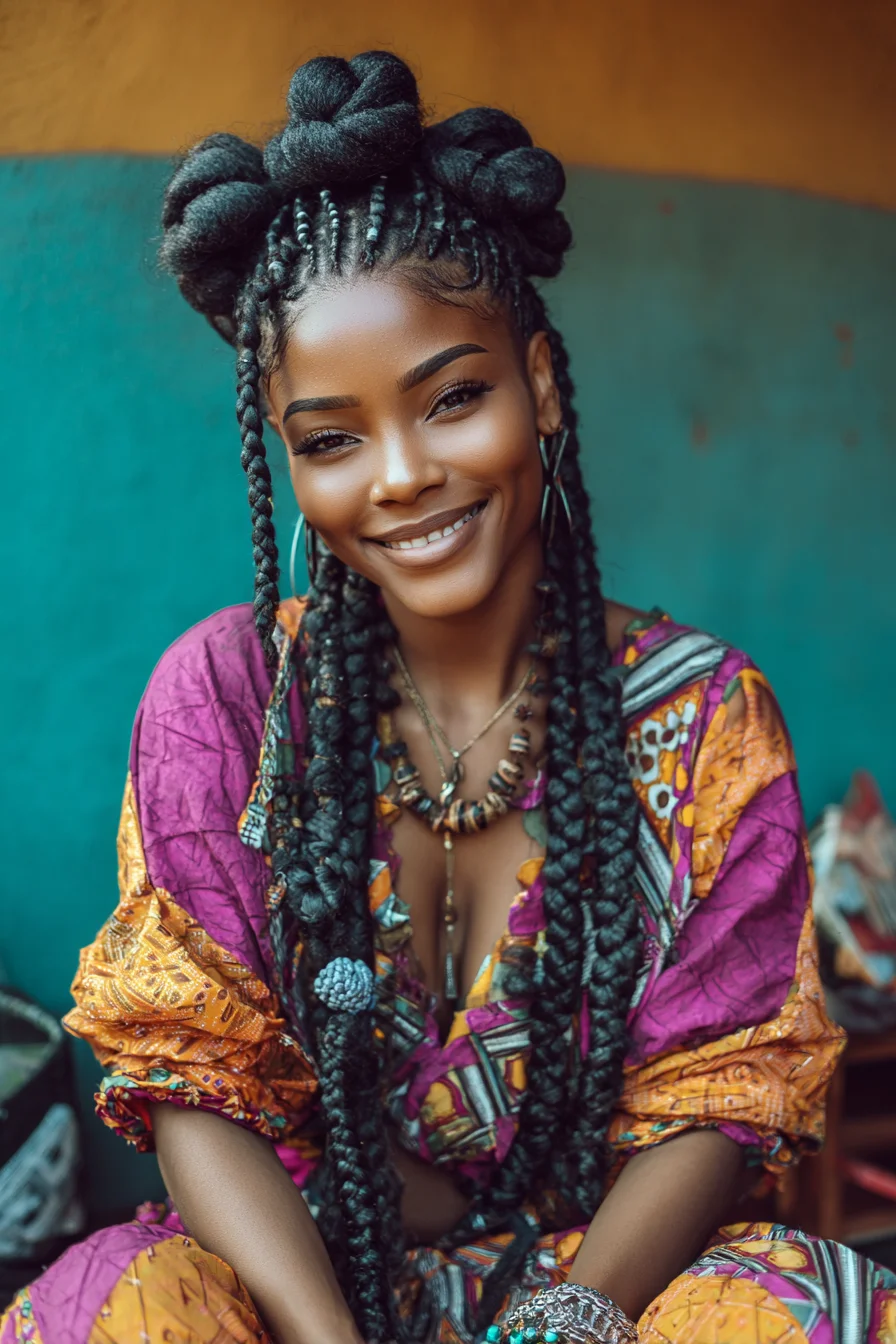 Long Box Braids with Cornrow Crown and Chunky Braided Buns