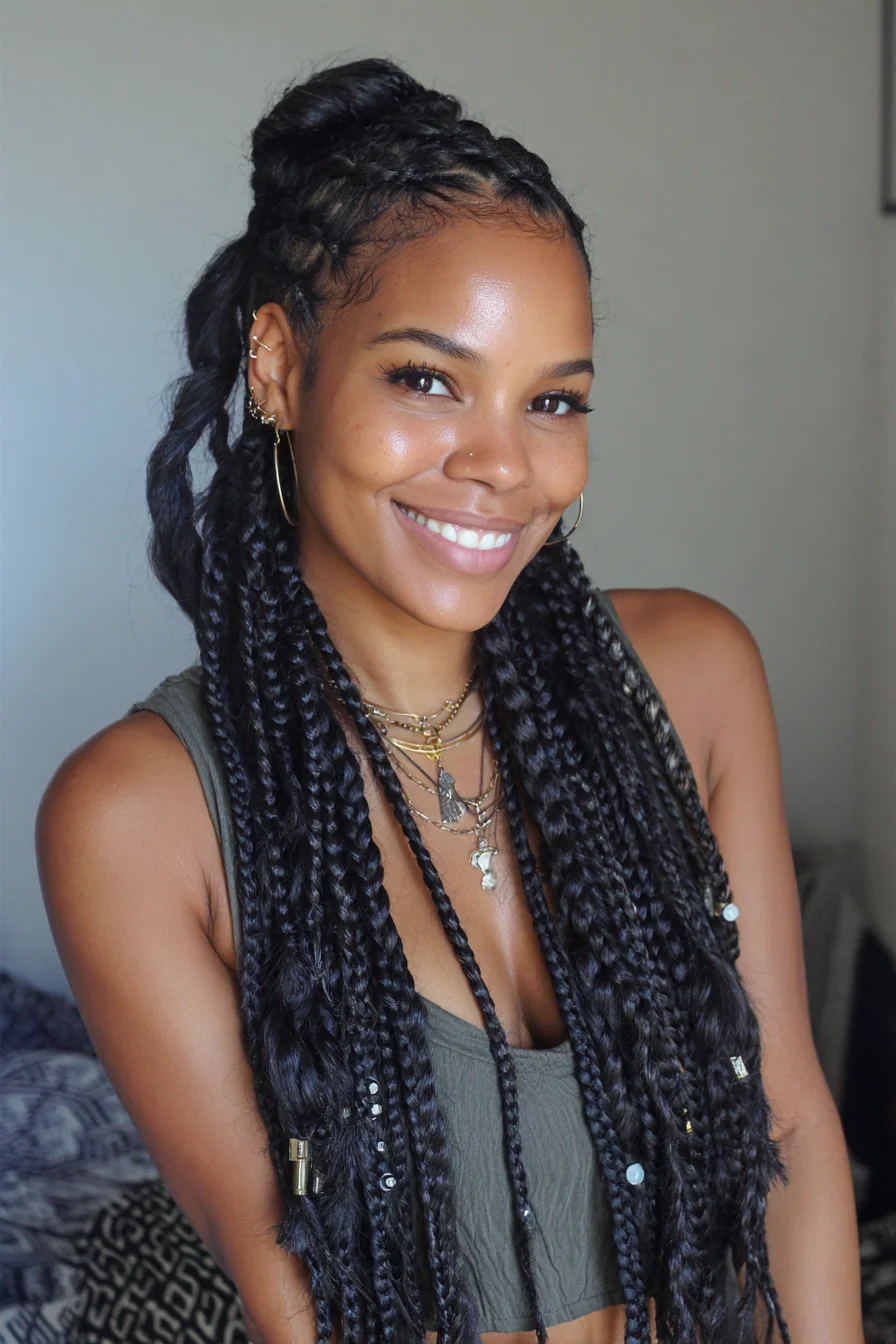 Long Box Braids with Half‑Up Top Knot and Beaded Accents