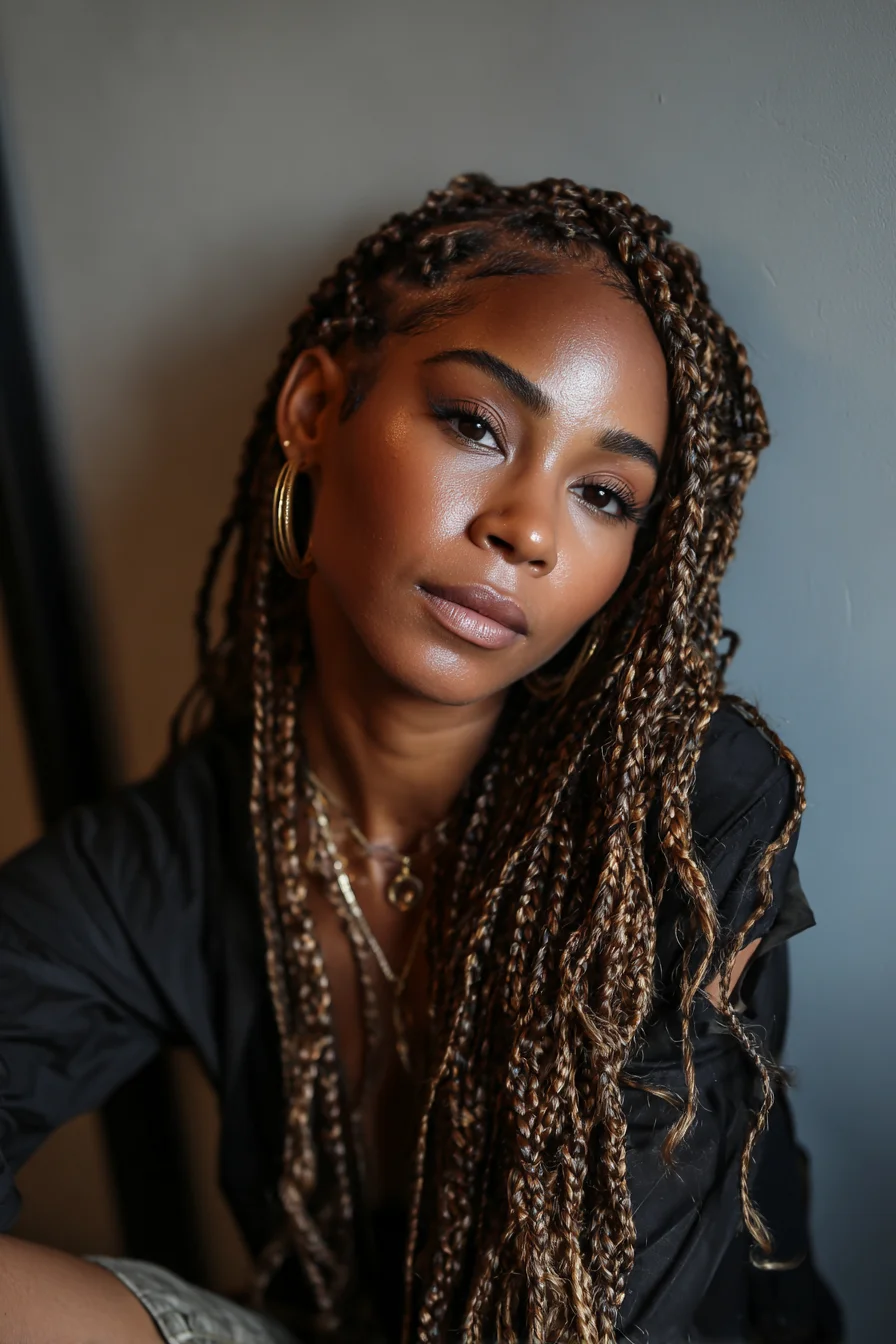 Long Box Braids with Honey-Blonde Highlights & Laid Edges