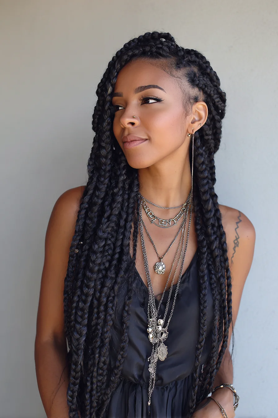 Long Chunky Box Braids with Cornrowed Side and Deep Side Part