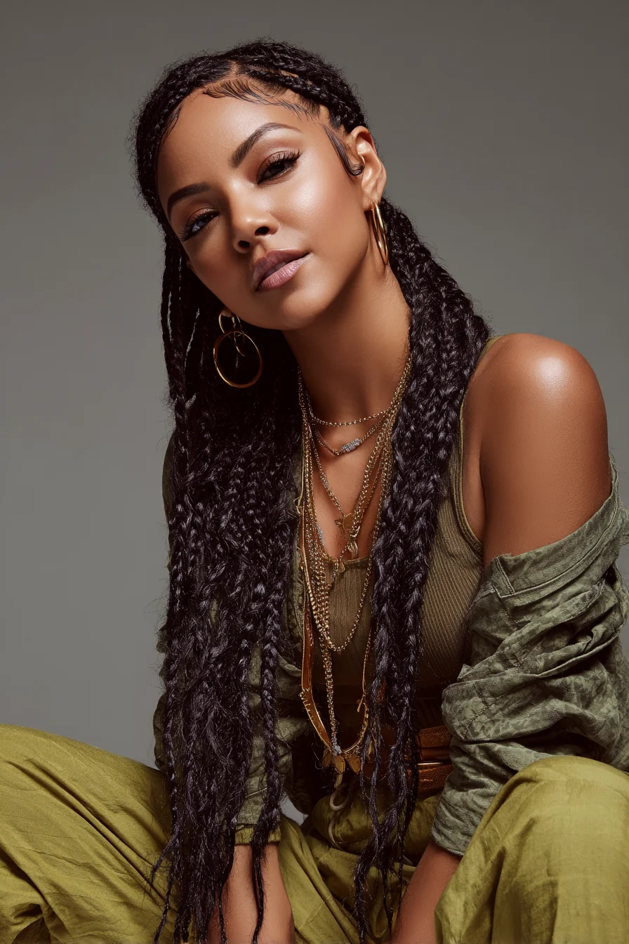 Long Chunky Box Braids with Textured Ends and Laid Baby Hairs