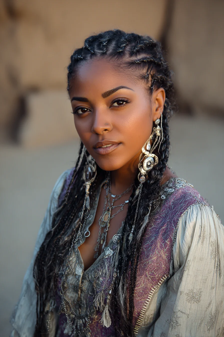 Long Cornrow-to-Micro-Braid Style with Metallic Thread Accents