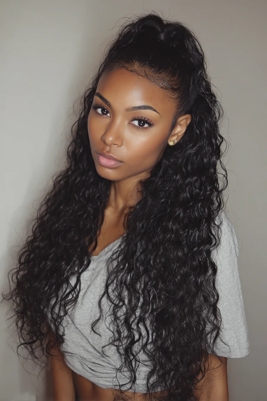 Long Deep-Wave Half-Up High Ponytail with Laid Baby Hairs