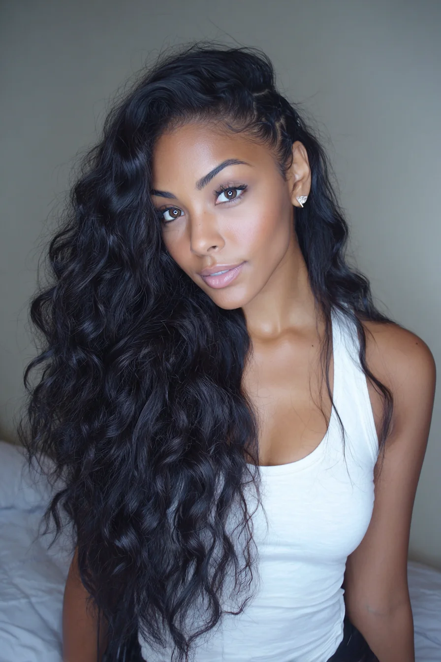 Long Deep Waves with Side-Swept Cornrow Accent