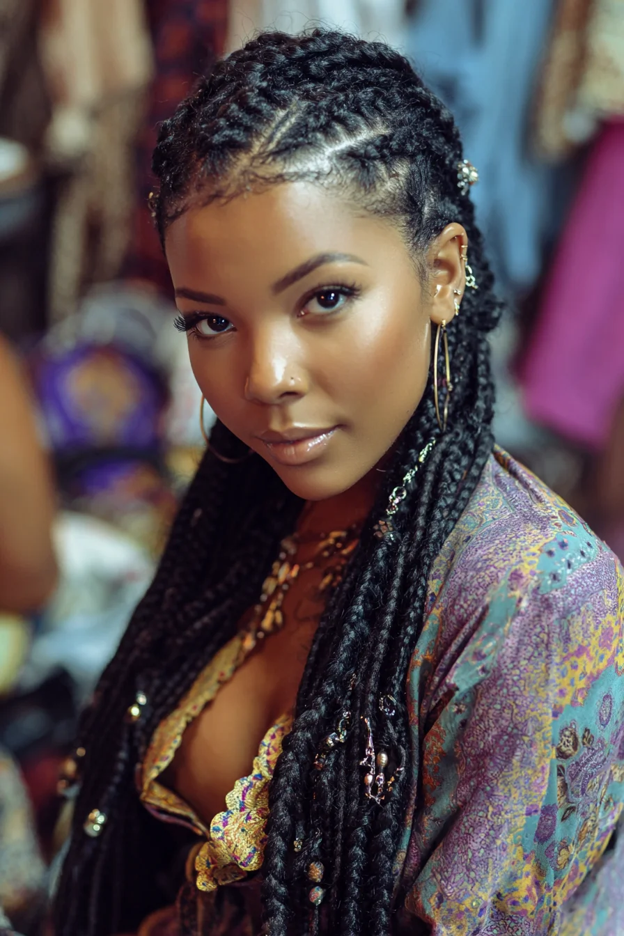 Long Feed‑In Box Braids with Beads and Sculpted Edges