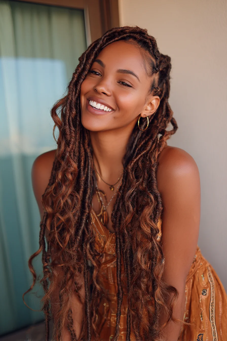 Long Goddess Faux Locs with Loose Wavy Ends — Brown/Caramel Tones