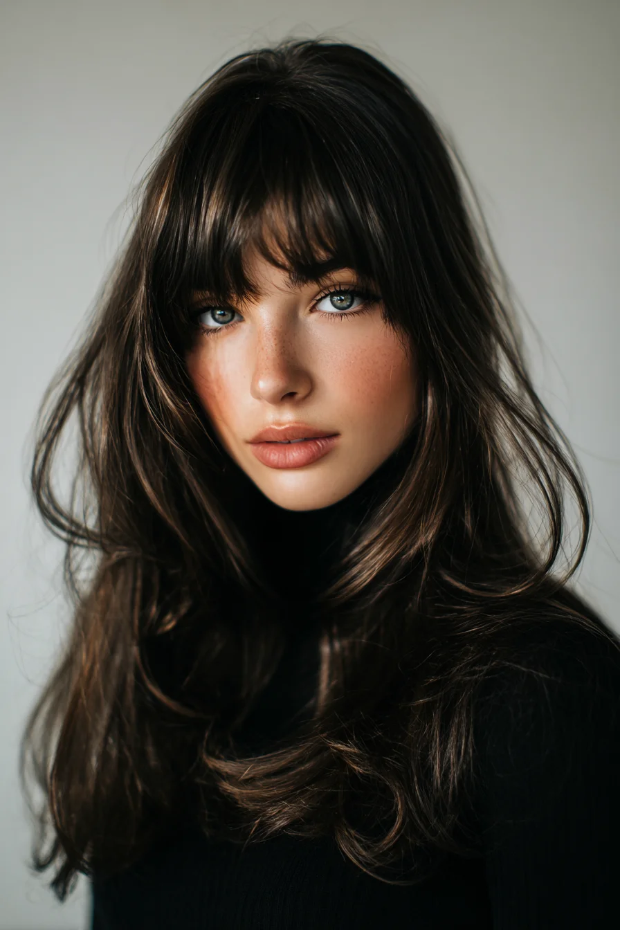 Long Layered Haircut with Curtain Bangs and Soft Blowout