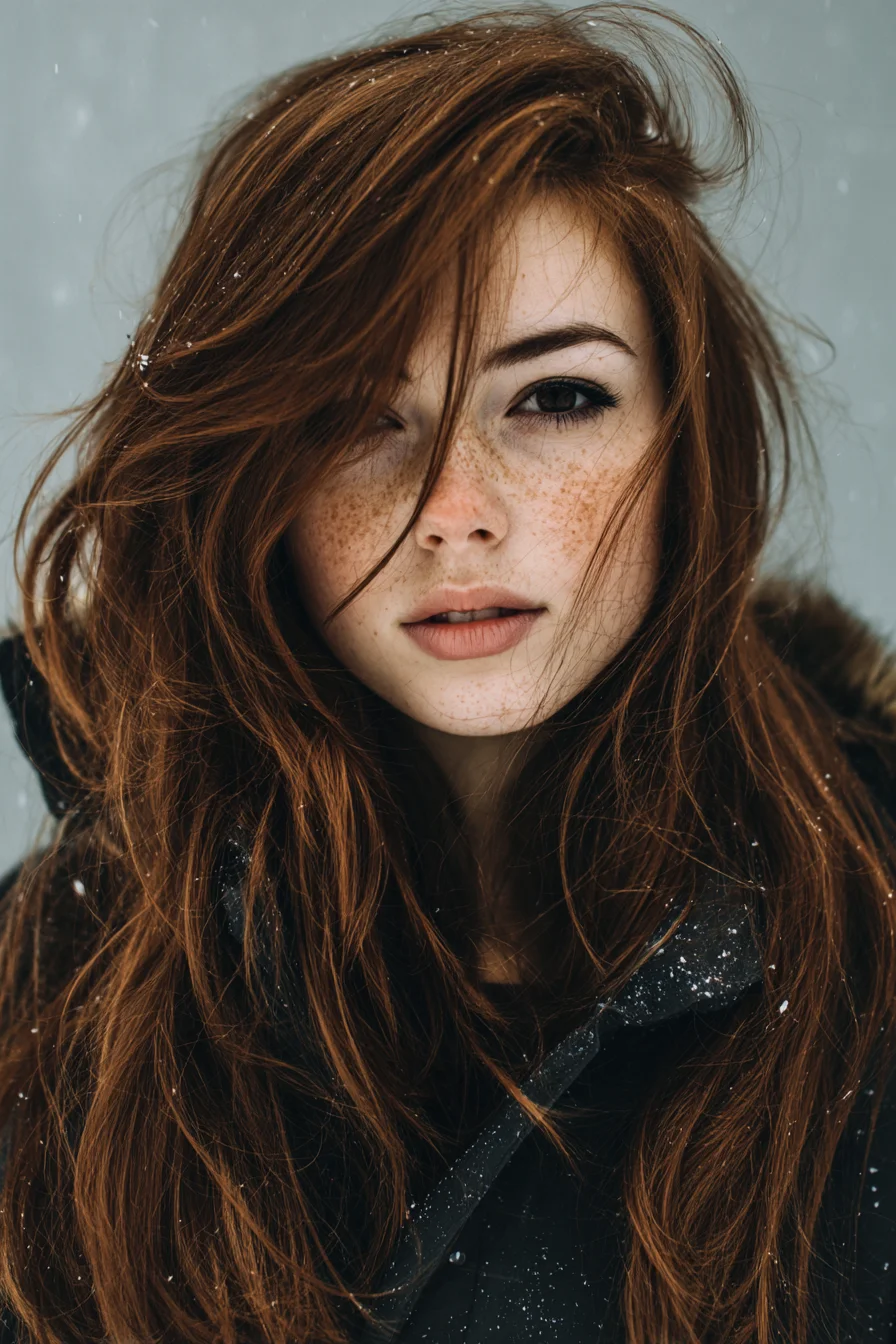 Long Layered Red Hair with Tousled Side-Swept Bangs