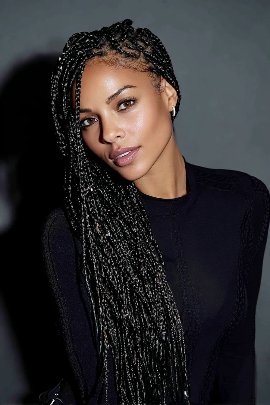 Long Micro Box Braids with Deep Side Part and Sleek Edges