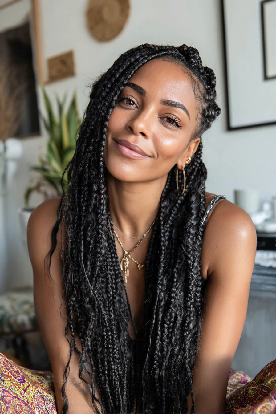 Long Mixed-Size Box Braids with Feed-In Cornrow Hairline