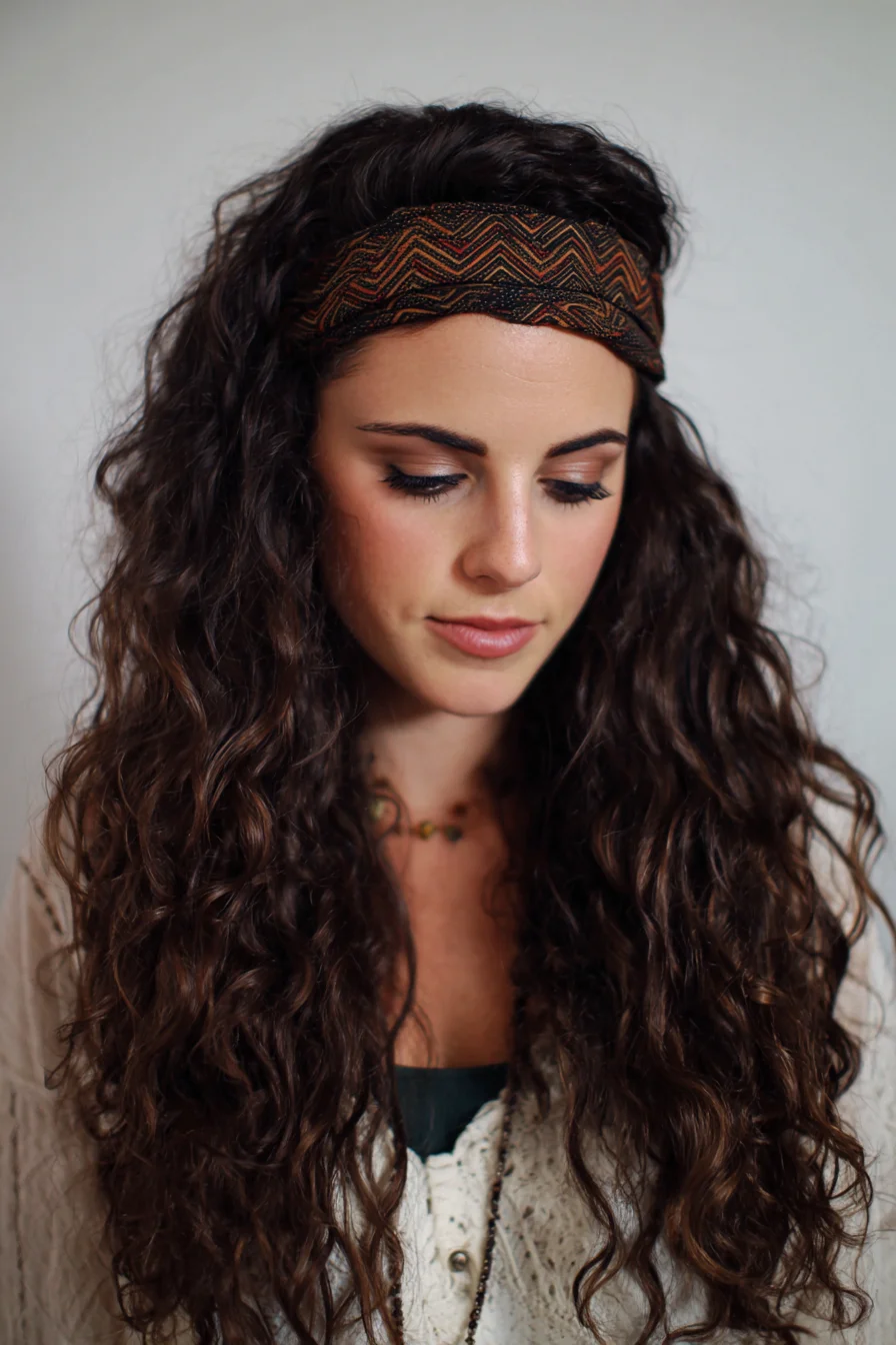 Long Natural Curly Hair with Boho Headband — Soft Definition & Volume