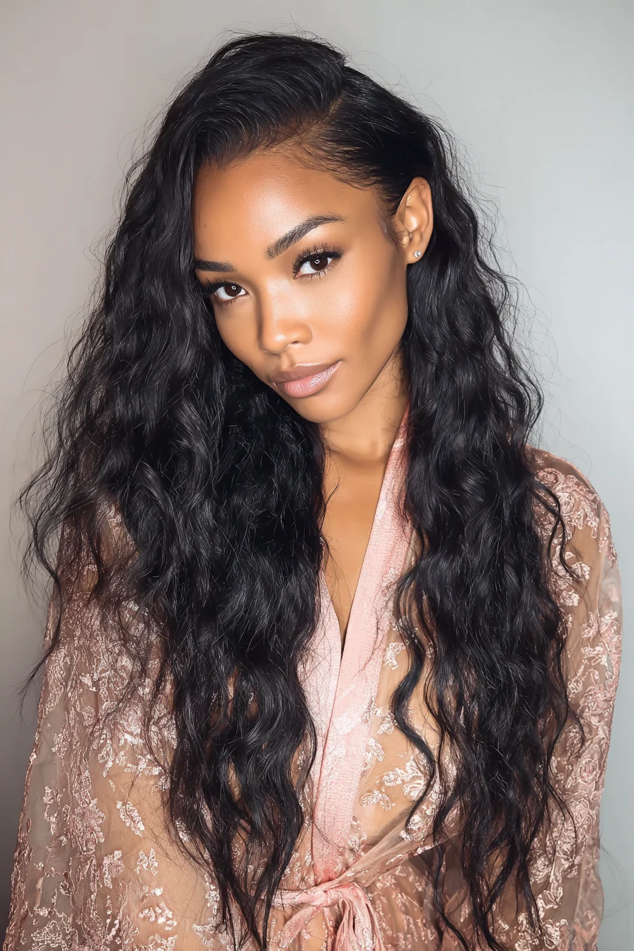 Long Natural Wavy Hair with Deep Side Part and Sleek Edges