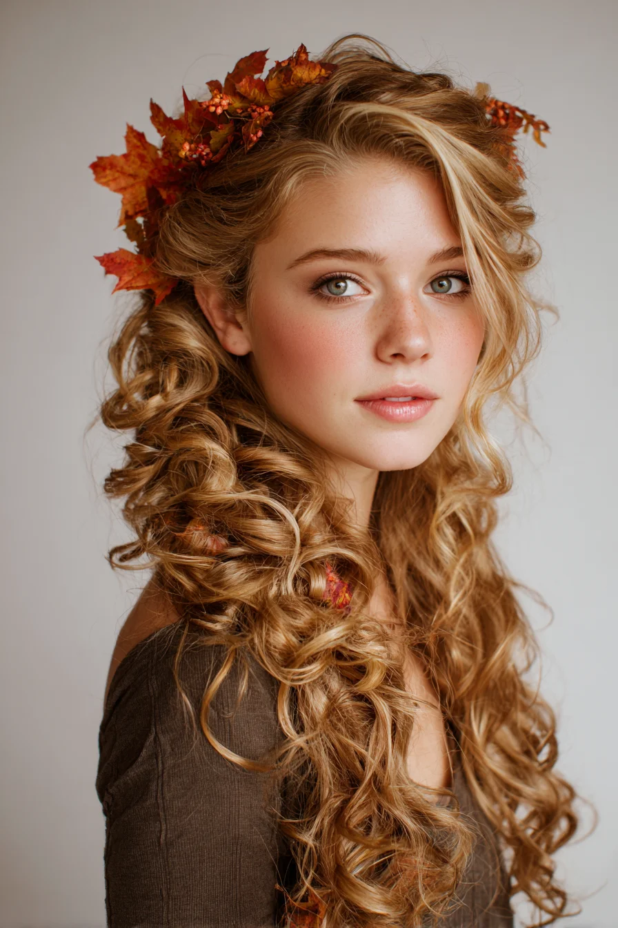 Long Romantic Corkscrew Curls with Autumn Leaf Crown