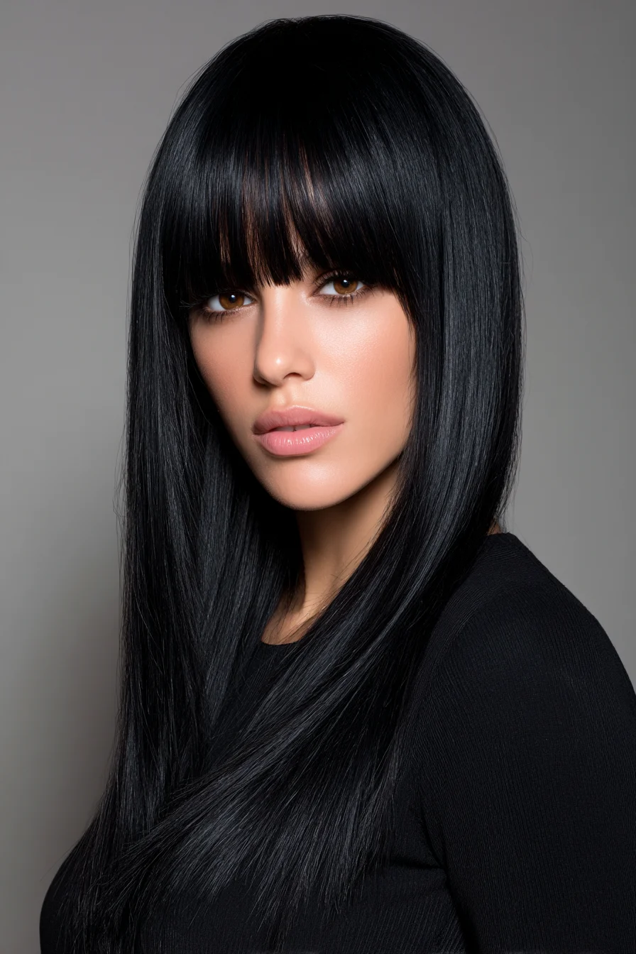 Long Sleek Layers with Full Blunt Fringe — Straight Hair Styling