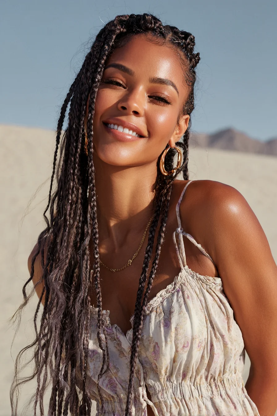 Long Small Box Braids with Loose Beachy Ends