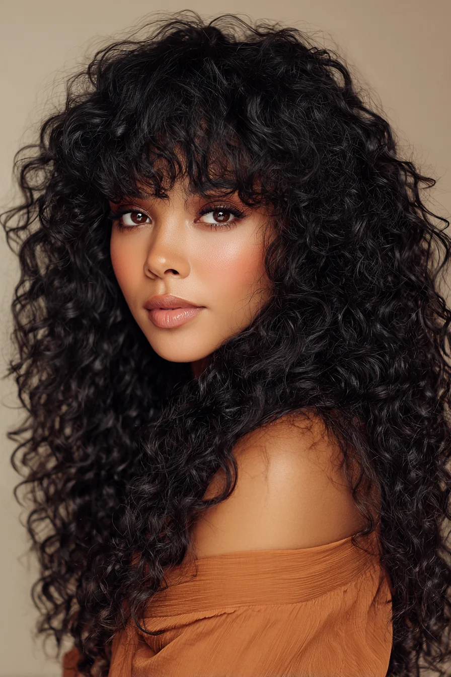 Long Voluminous Curly Hair with Textured Curly Bangs