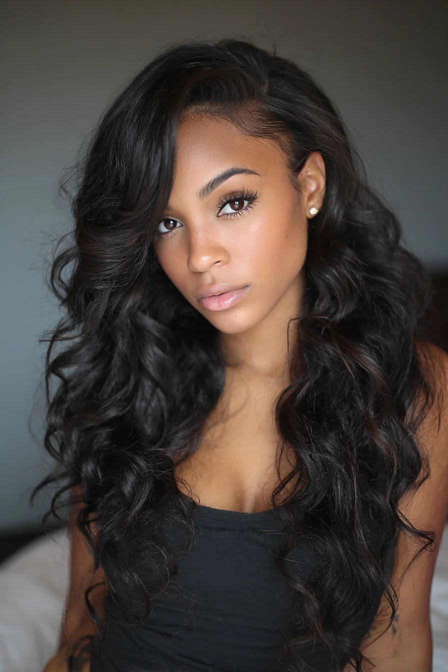 Long Voluminous Deep-Side Loose Waves with Sleek Edges