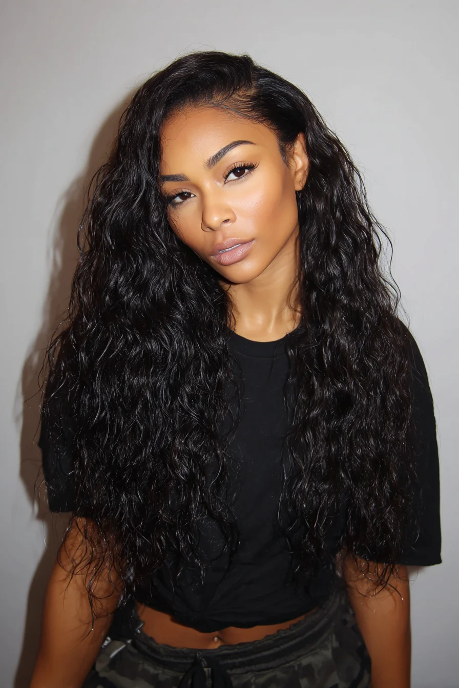 Long Wet-Look Loose Waves with Deep Side Part