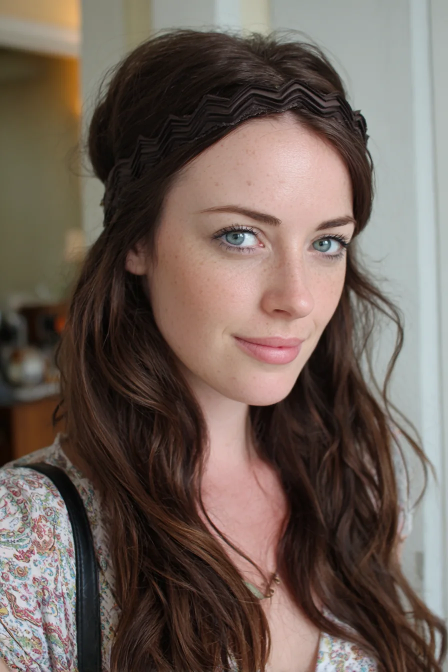 Loose Beach Waves with Zigzag Headband — Long Layered Brown Hair