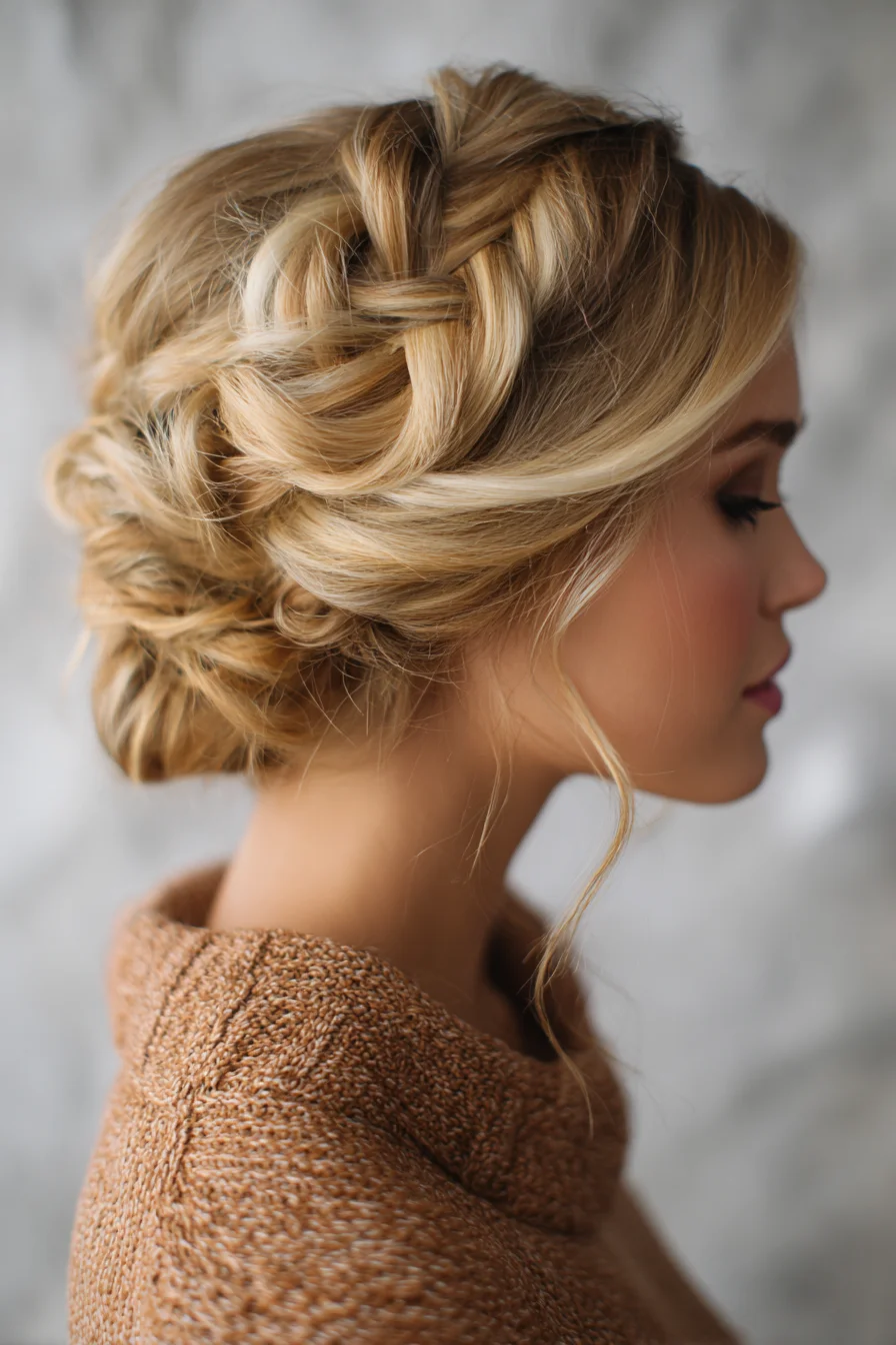 Loose Braided Crown with Textured Low Bun — Romantic Updo for Medium to Thick Hair