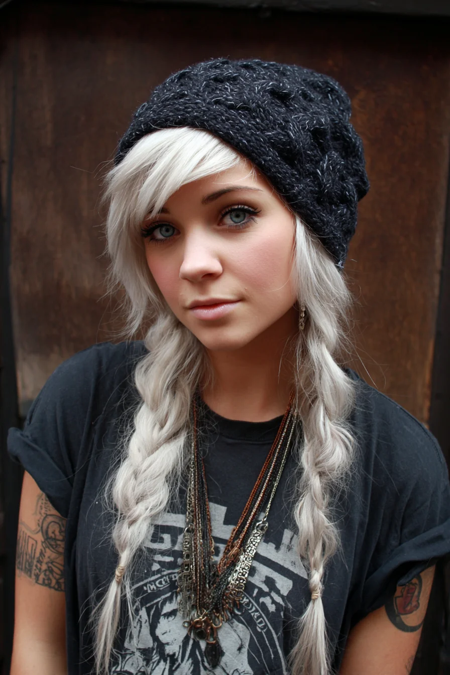 Loose Double Braids with Side-Swept Fringe for Platinum/Silver Hair