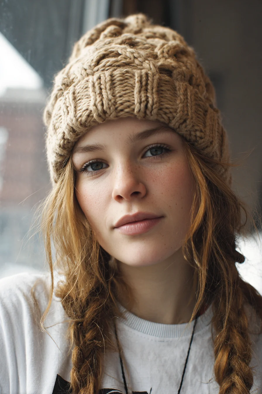 Loose Textured Low Braids with Face‑Framing Pieces — Beanie‑Friendly Boho Style