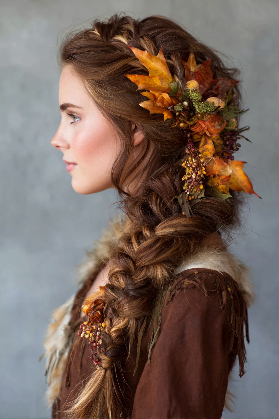 Loose Textured Side Braid with Autumn Floral Accents