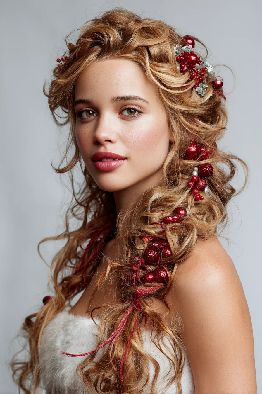 Loose Textured Side Braid with Festive Red Bead Embellishments