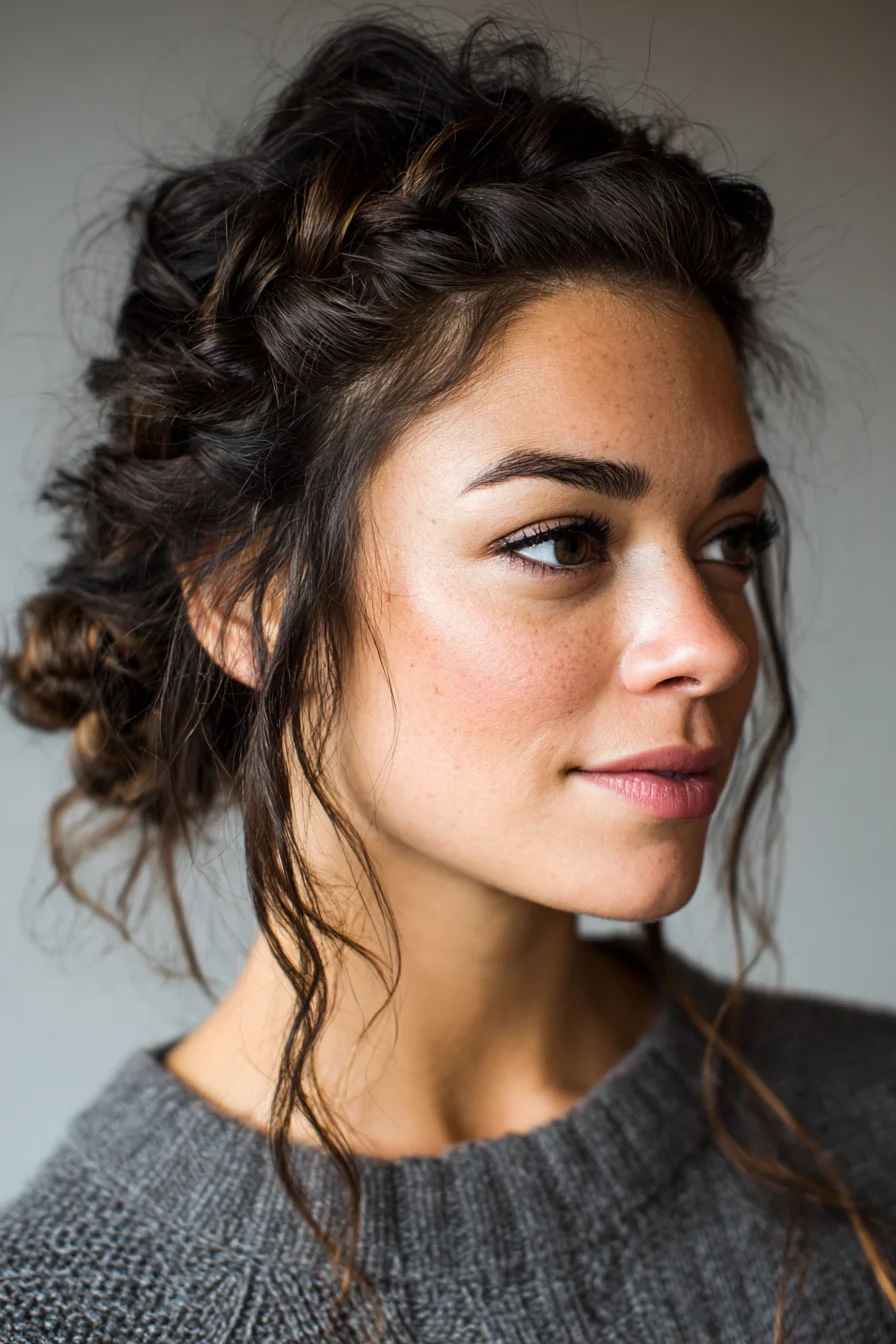 Messy Crown Braid Into Low Textured Bun with Face‑Framing Tendrils