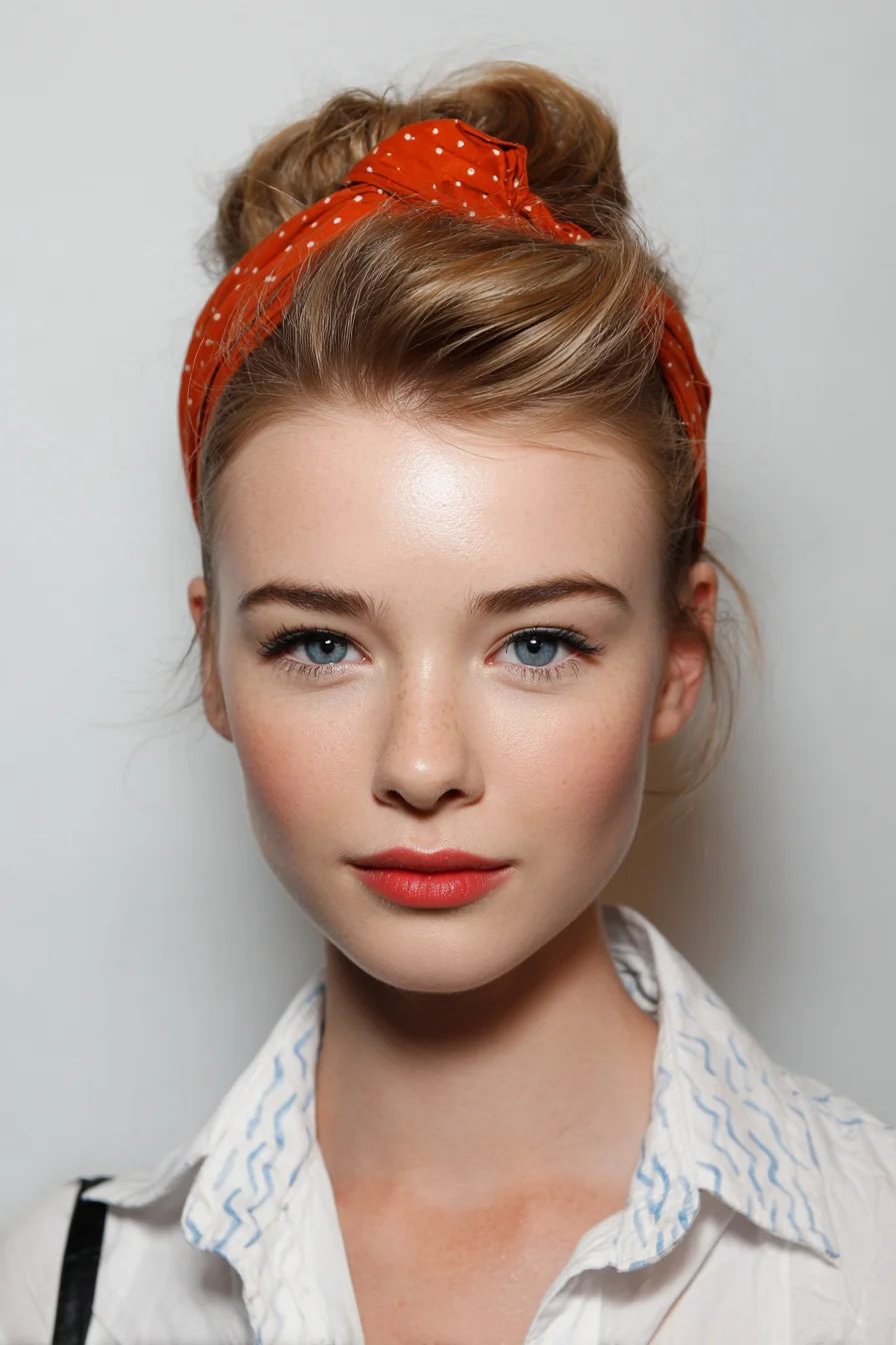 Messy Voluminous Top Knot with Polka-Dot Headscarf