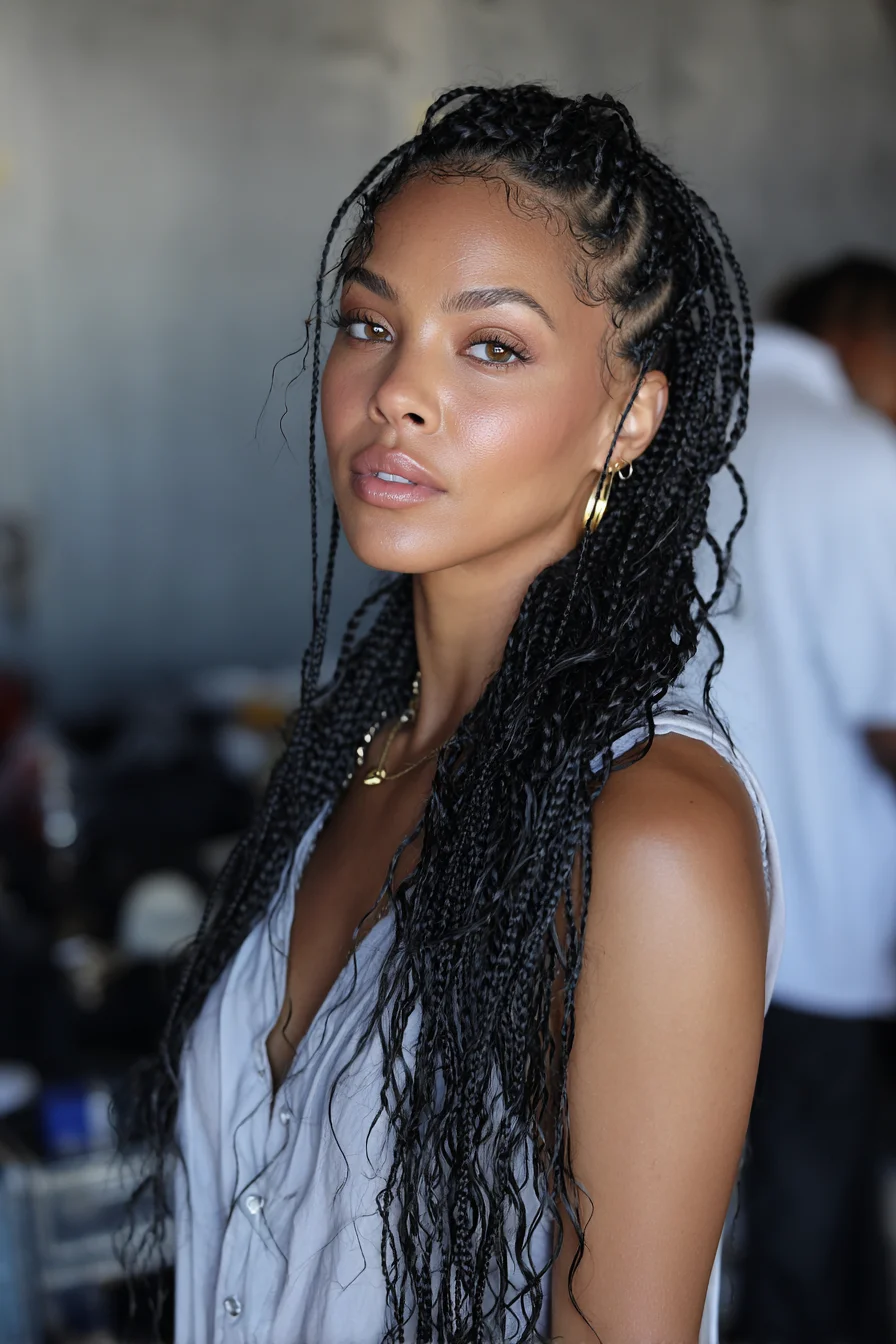 Micro Box Braids with Cornrow Feed‑In and Wet‑Look Ends