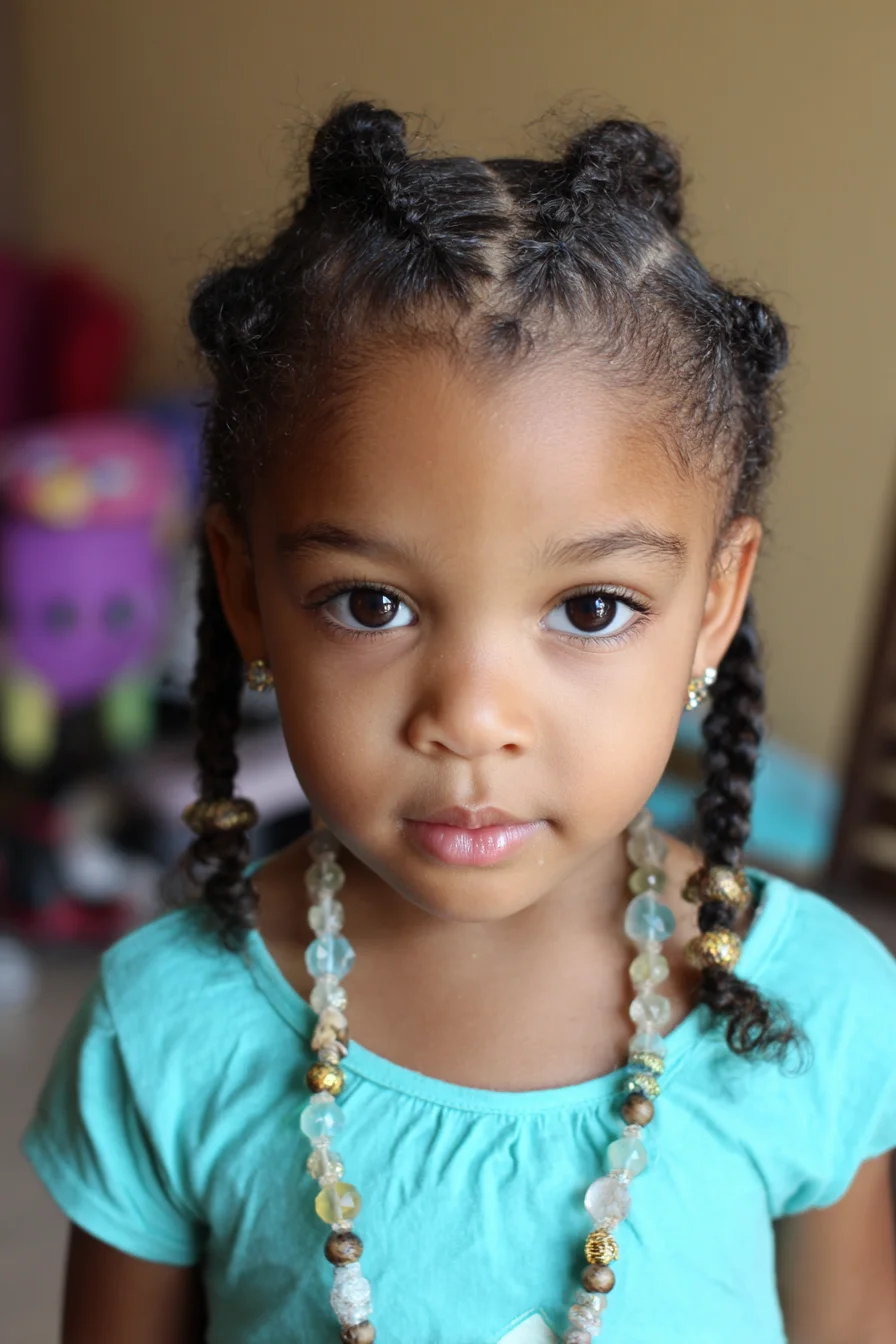 Mini Bantu Knots with Two Braids — Protective Style for Curly/Kinky Hair