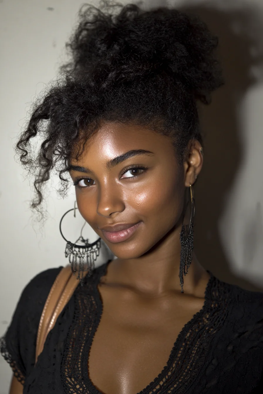 Natural Textured High Puff with Face‑Framing Curly Tendrils