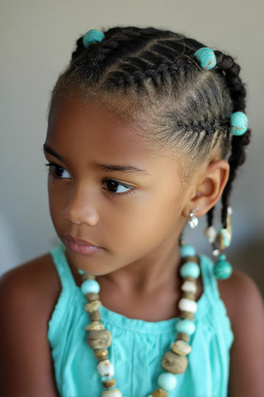 Neat Cornrow Braids with Turquoise Beads — Protective Style for Kids