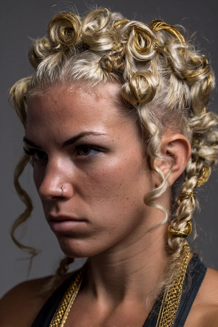 Platinum Pin Curls with Gold-Wrapped Braids