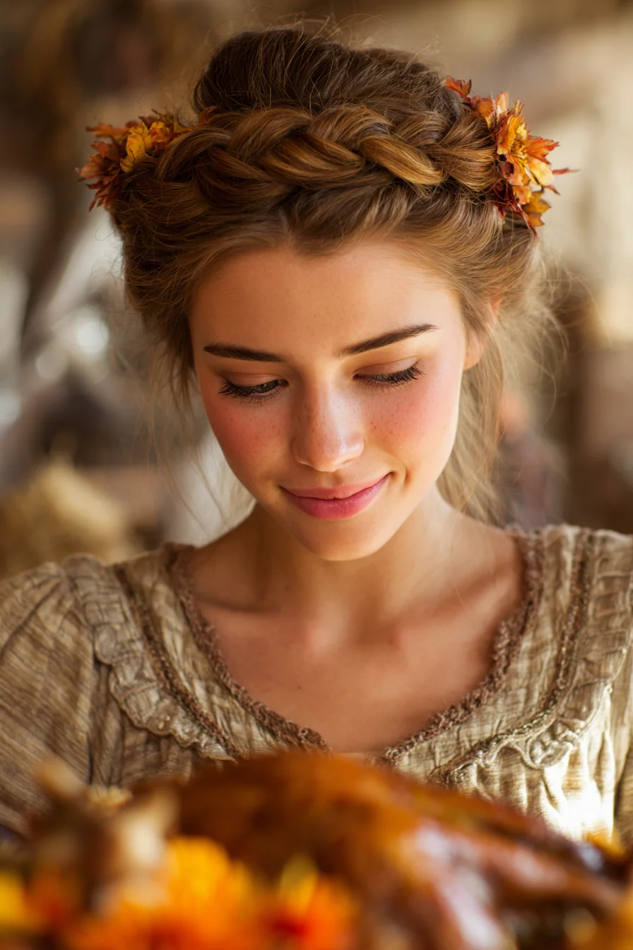 Romantic Crown Braid Updo with Autumn Floral Accents