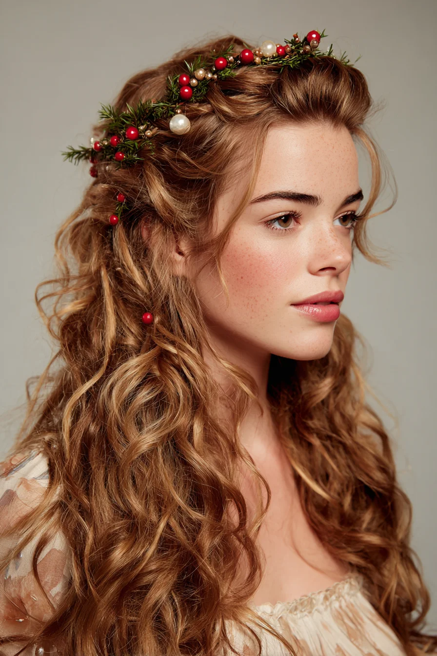 Romantic Half-Up Curls with Natural Berry Crown